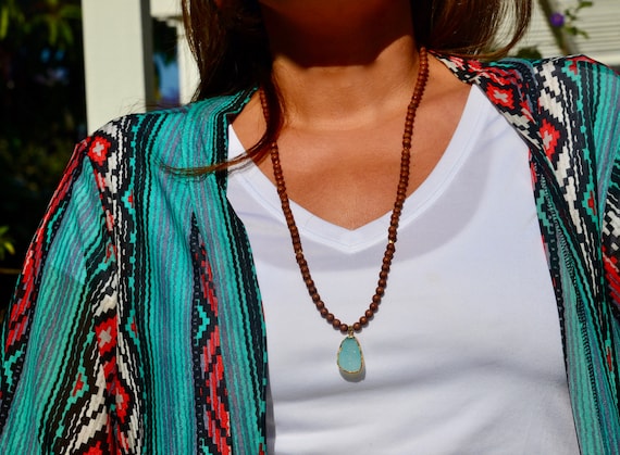 Longer Sandalwood Wooden Beaded Necklace with Dainty Aqua, Gold Edged Druzy Edged Pendant, Boho, Mala, Bohemian