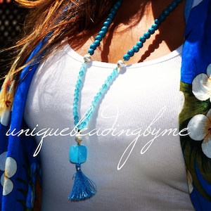 Long Beaded Aqua Blue Necklace with Aqua Tassel