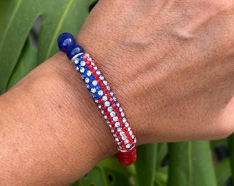 Beautiful Blue and Red Beaded Bracelet with Pave American Flag Tube Bead, American Flag, 4th of July, Red White and Blue