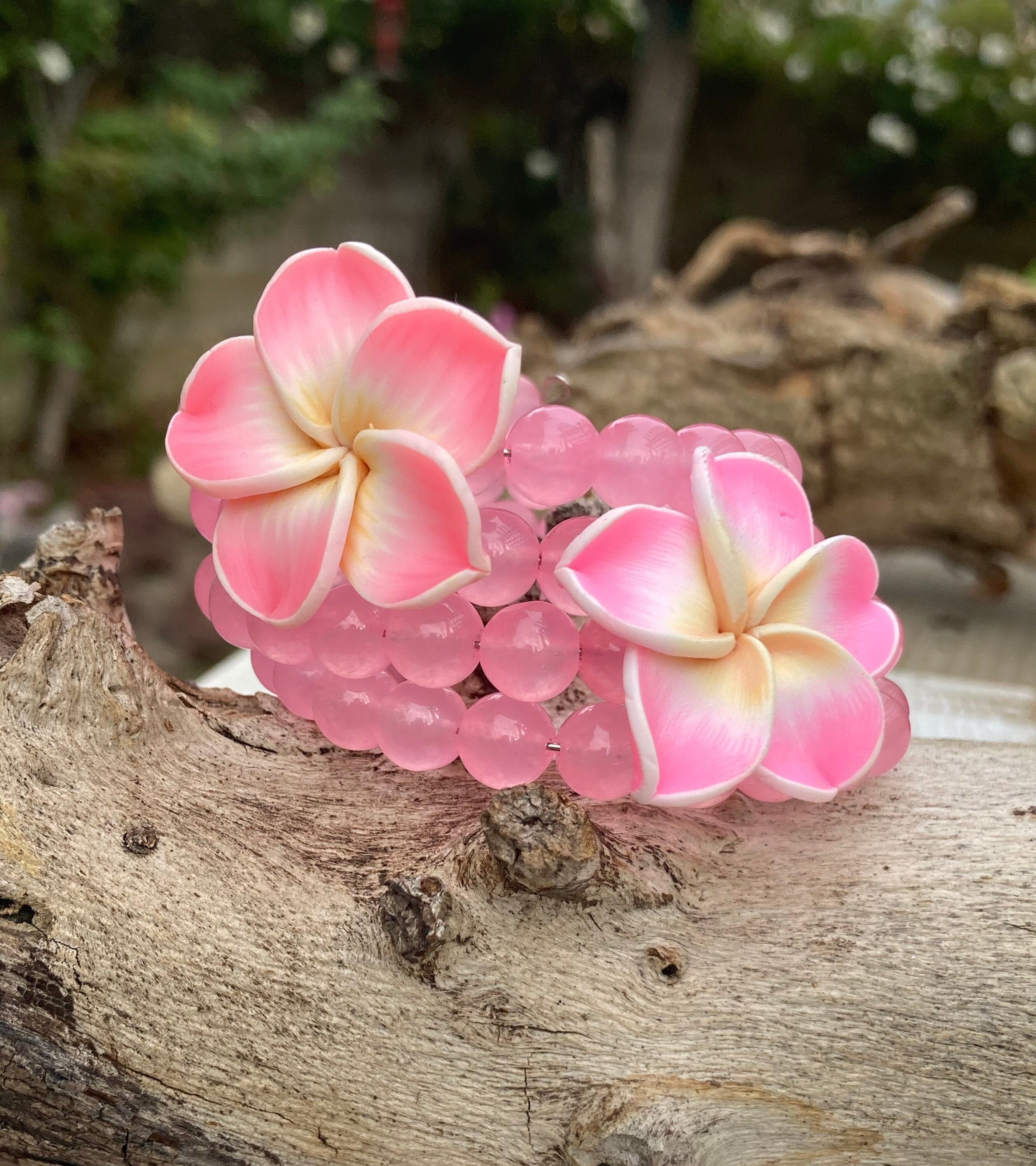 Hawaiian Jewelry Pink and White Fimo Plumeria Flower and Crystal Bead  Elastic Bracelet from Maui, Hawaii