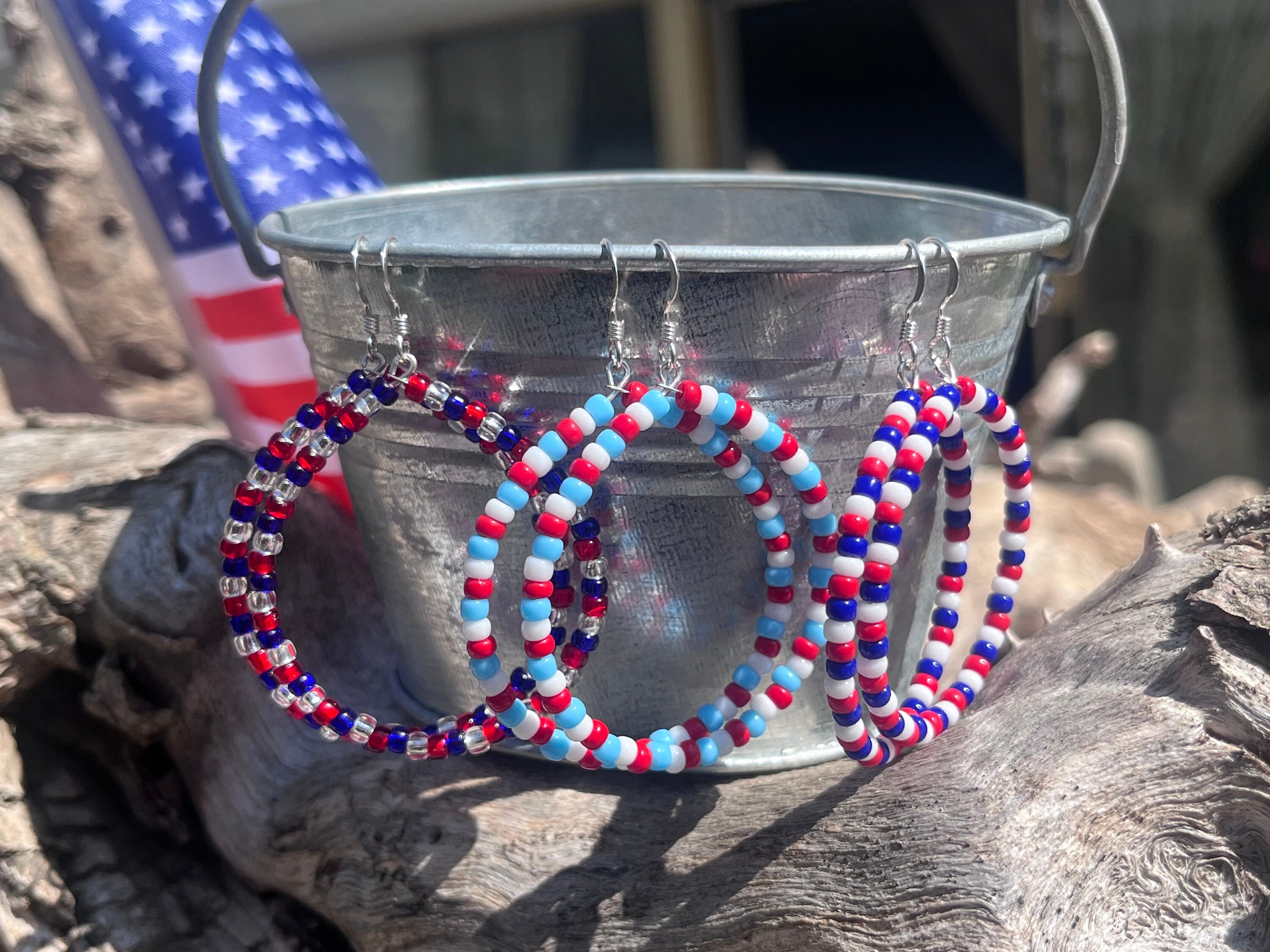 Patriotic American Flag Earrings - Red White Blue Metal Mesh Dangle Earrings For 4th Of July 11 thumbnail image