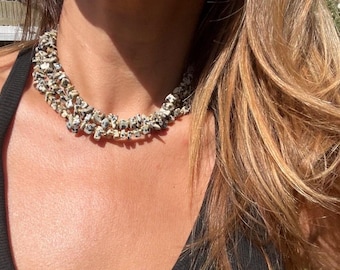 Dalmatian Jasper Triple Strand Short Necklace, Dalmatian Jasper Chip Beaded Triple Strand Choker Necklace with Gold Accents