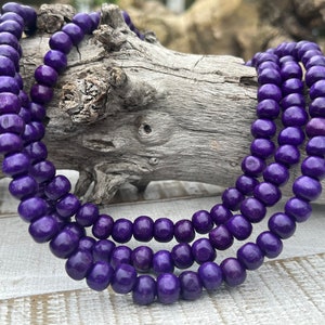 Shorter, Bright, Purple Triple Strand Wooden Beaded Necklace, Purple Necklaces, Imperfect Purple Wooden Bead Necklace