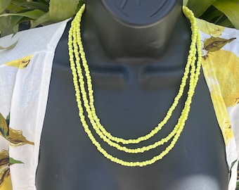 Shorter, Pale Yellow Triple Strand Glass Seed Beaded Necklace, Yellow Necklace, Imperfect Yellow Glass Bead Necklace