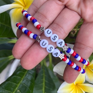 Dainty Red White and Blue Bracelet with Tiny, Silver Star Beads and USA Letters
