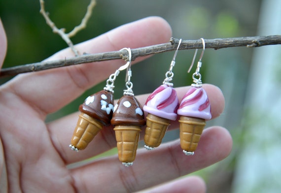 Chocolate Swirl Ice Cream Cone Earrings Crystal on Sterling Silver Chocolate Swirl Ice Cream Cone Earrings Crystal on Sterling Silver