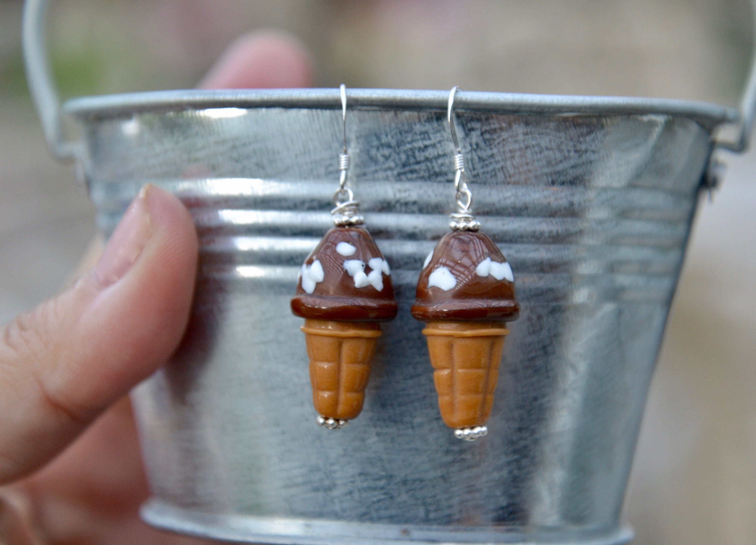 Chocolate Swirl Ice Cream Cone Earrings Crystal on Sterling Silver Chocolate Swirl Ice Cream Cone Earrings Crystal on Sterling Silver