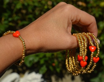 Dainty Gold Seed Beaded Bracelet with Bright Red Heart Bead, Valentines Day Bracelet, Heart Beaded Bracelet, Red Heart Bracelet
