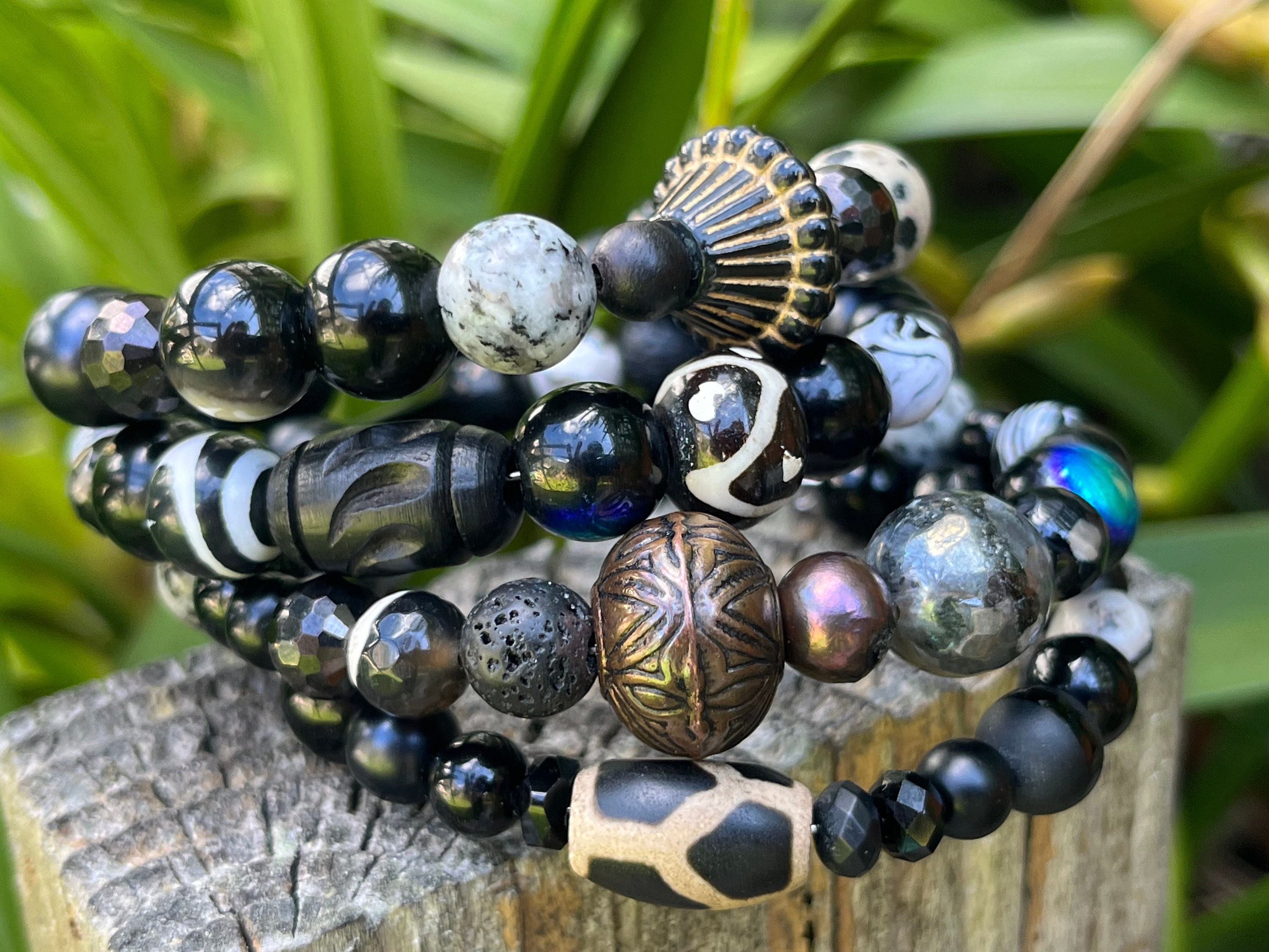 ブラックビーズブレスレット、美しいブラックラップジェムストーン