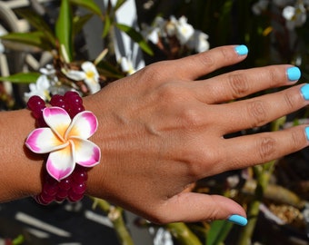 A Piece of Hawaii Plumeria Bracelet, Plum Beaded Bracelet, Plum Plumeria Bracelet