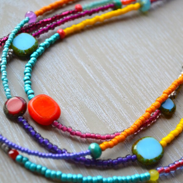 Colorful, Fun Four Strand Beaded Necklace, Boho, Bohemian, Czech, Multistrand