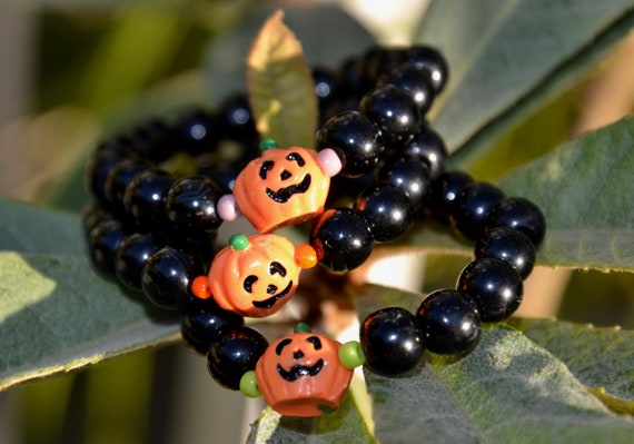 Bracelet En Perles Noires épaisses Avec Fine Tête De Lanterne Jack O, Halloween, Citrouille, Bracelet D'Halloween - France