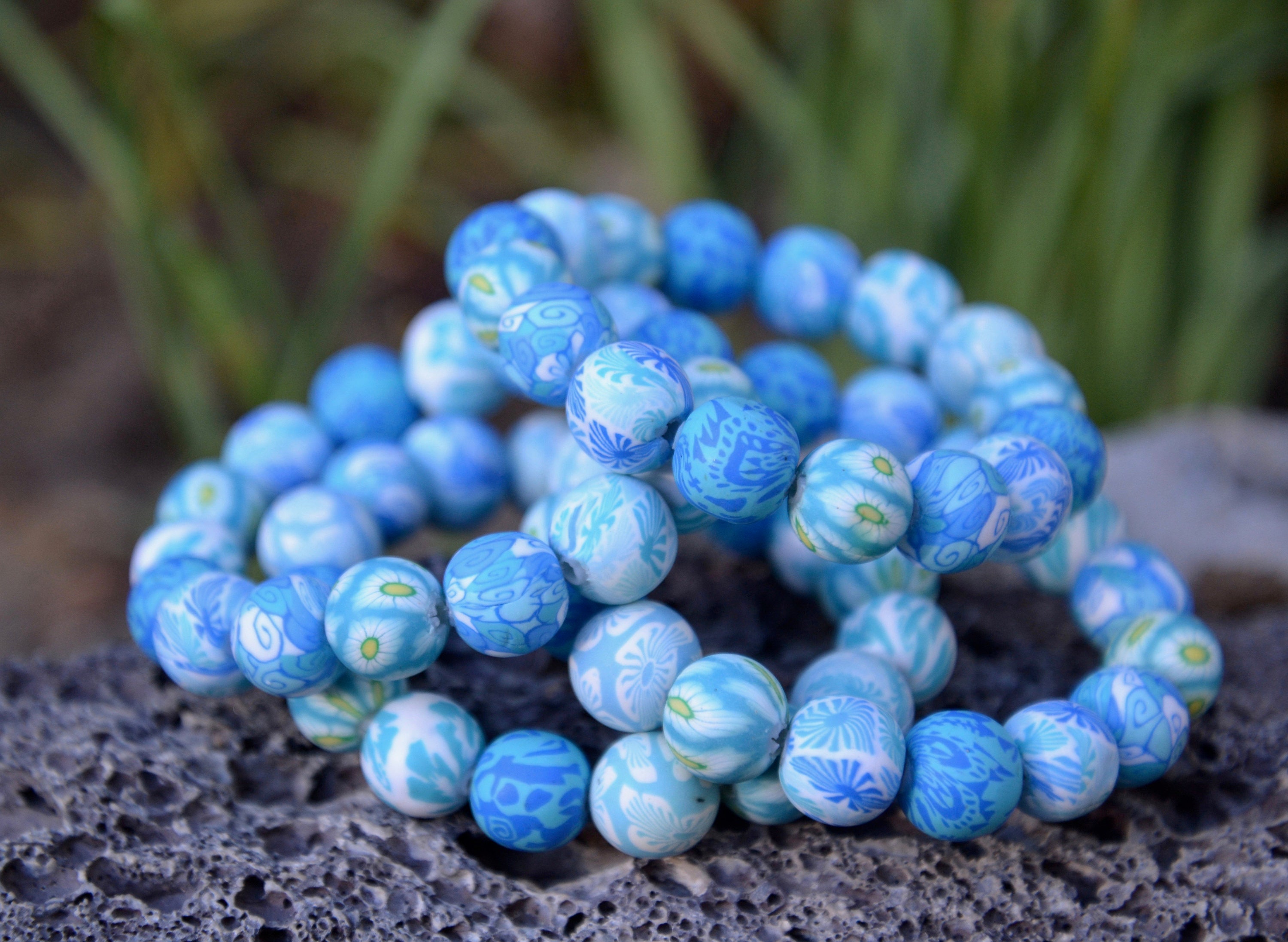Floral Beaded Stretch Colorful Floral Polymer Clay Beaded Bracelet Assorted Aqua Light Blues