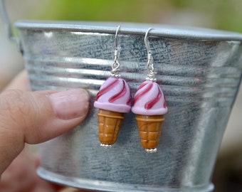 Chocolate Swirl Ice Cream Cone Earrings Crystal on Sterling Silver Chocolate Swirl Ice Cream Cone Earrings Crystal on Sterling Silver