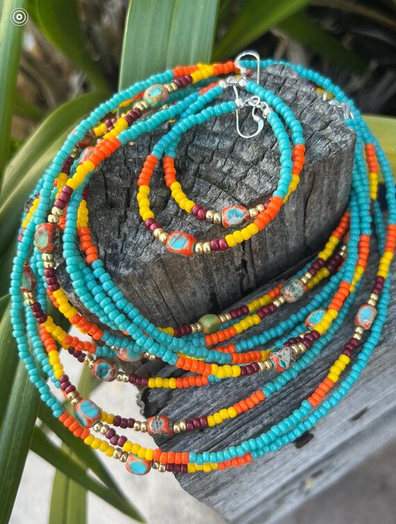 Gorgeous, Multi Strand Turquoise, Orange, Yellow, Red and Gold