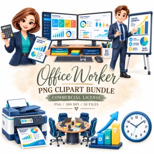 May include: A digital clipart bundle featuring 3D-style office workers, computers with data dashboards, a printer with a business report, a conference table with chairs, a growth chart, and a wall clock, labeled Office Worker PNG Clipart Bundle.