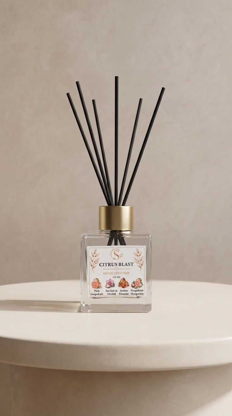 May include: A clear glass home diffuser bottle with a gold cap and six black reed sticks. The label reads Citrus Blast Home Diffuser 100 ml, featuring illustrations of pink grapefruit, sea salt, orchid, amber, and mangosteen.