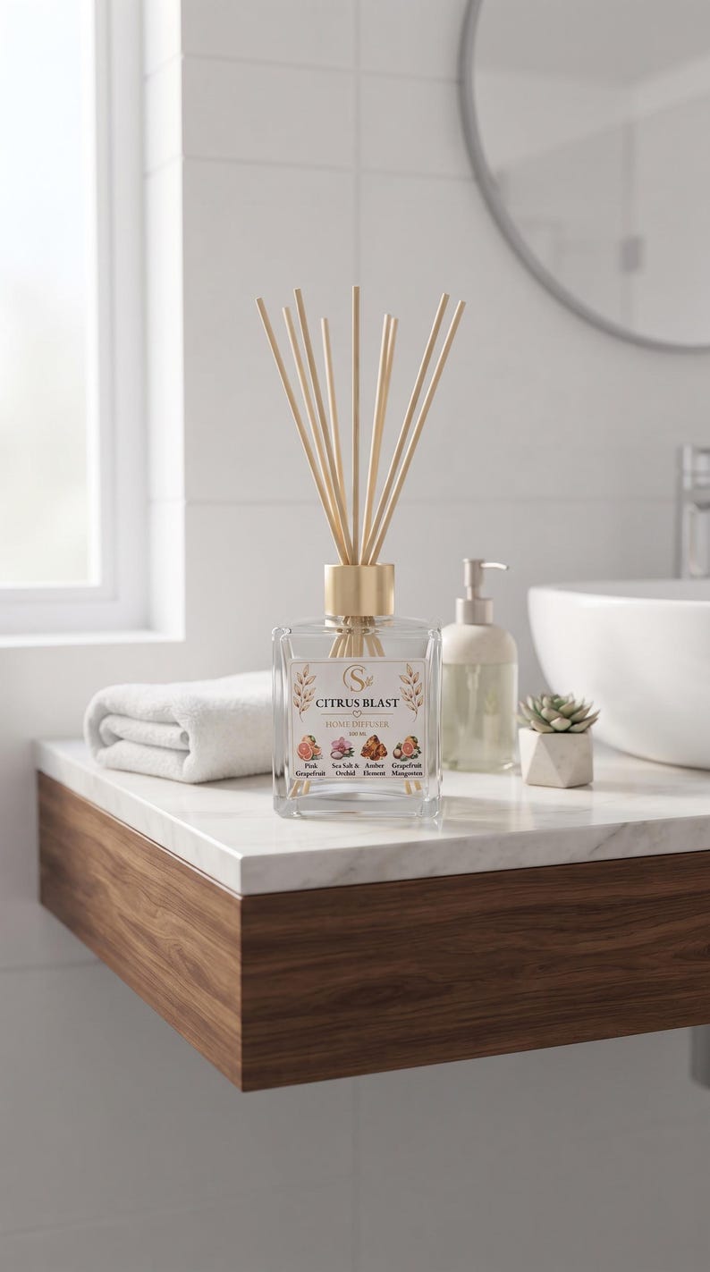 May include: A clear glass square home diffuser bottle with a gold cap and wooden reeds. The label reads CITRUS BLAST HOME DIFFUSER and lists scents including Pink Grapefruit, Sea Salt & Amber Orchid, Element, and Grapefruit Mangosteen.