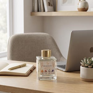 May include: A square glass home diffuser bottle with a gold cap and a label that reads FRESH CLEAN HOME DIFFUSER with illustrations of pink grapefruit, sea salt, white birch, and lavender. The clear bottle contains a transparent liquid fragrance.