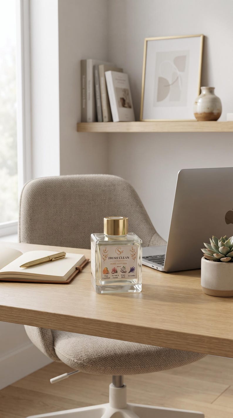 May include: A square glass home diffuser bottle with a gold cap and a label that reads FRESH CLEAN HOME DIFFUSER with illustrations of pink grapefruit, sea salt, white birch, and lavender. The clear bottle contains a transparent liquid fragrance.