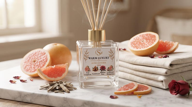 May include: A square glass reed diffuser with a gold cap and wooden reeds. The label reads WARM LUXURY HOME DIFFUSER 100 ML with illustrations of pink grapefruit, sandalwood, rose, and mangosteen. It is surrounded by grapefruit slices, wood chips, and a red rose.