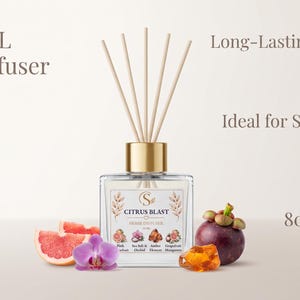 May include: A 50 mL reed diffuser with a gold cap and five wooden reeds. The label reads Citrus Blast Home Diffuser. Text includes 50 mL Reed Diffuser, Long-Lasting Fragrance, Ideal for Small Spaces, and Perfect for 80-100 sq. ft. with fruit imagery.