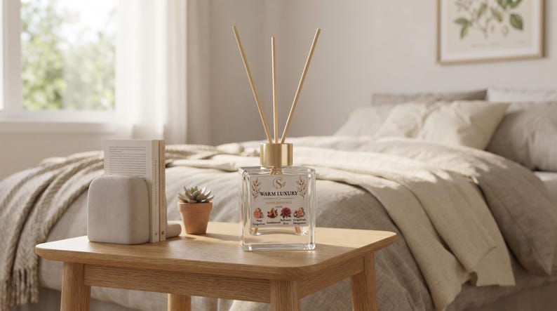 May include: A clear glass reed diffuser bottle with a gold-toned cap and three wooden reeds. The label features the text WARM LUXURY and small illustrations of flowers and fruits. The bottle is square-shaped and sits on a light wooden surface.