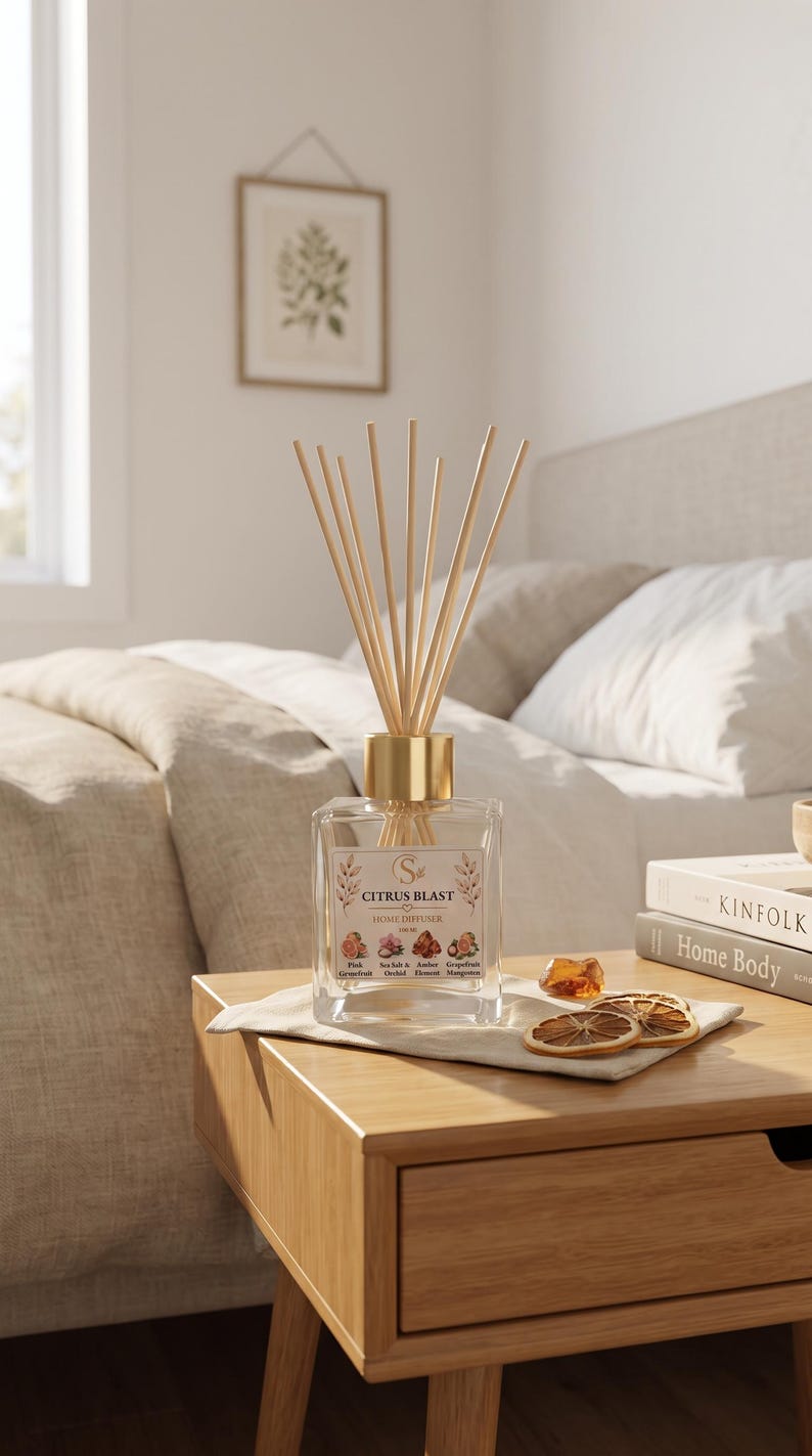 May include: A clear glass home diffuser bottle with a gold cap and wooden reeds. The label reads Citrus Blast Home Diffuser 100ml, featuring illustrations of pink grapefruit, sea salt, orchid, amber, and mangosteen. Two dried orange slices sit nearby.