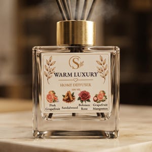 May include: A clear glass home diffuser bottle with a gold cap and black reed sticks. The label reads WARM LUXURY HOME DIFFUSER 100 ML with illustrations of pink grapefruit, sandalwood, Bohmen rose, and grapefruit mangosten scents printed on it.