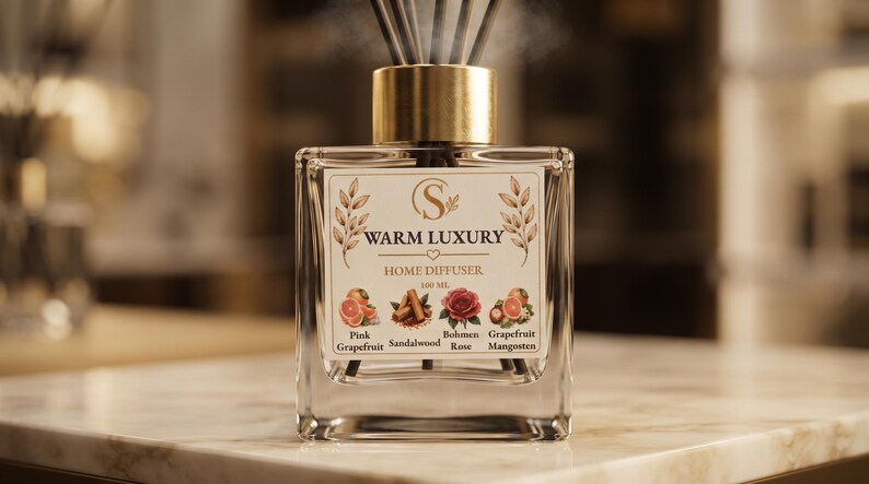 May include: A clear glass home diffuser bottle with a gold cap and black reed sticks. The label reads WARM LUXURY HOME DIFFUSER 100 ML with illustrations of pink grapefruit, sandalwood, Bohmen rose, and grapefruit mangosten scents printed on it.