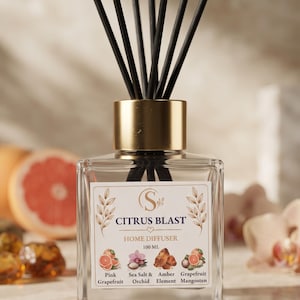 May include: A square glass home diffuser bottle with a gold cap and black reed sticks. The label reads CITRUS BLAST HOME DIFFUSER 100 ML with illustrations of Pink Grapefruit, Sea Salt & Orchid, Amber Element, and Grapefruit Mangosten.