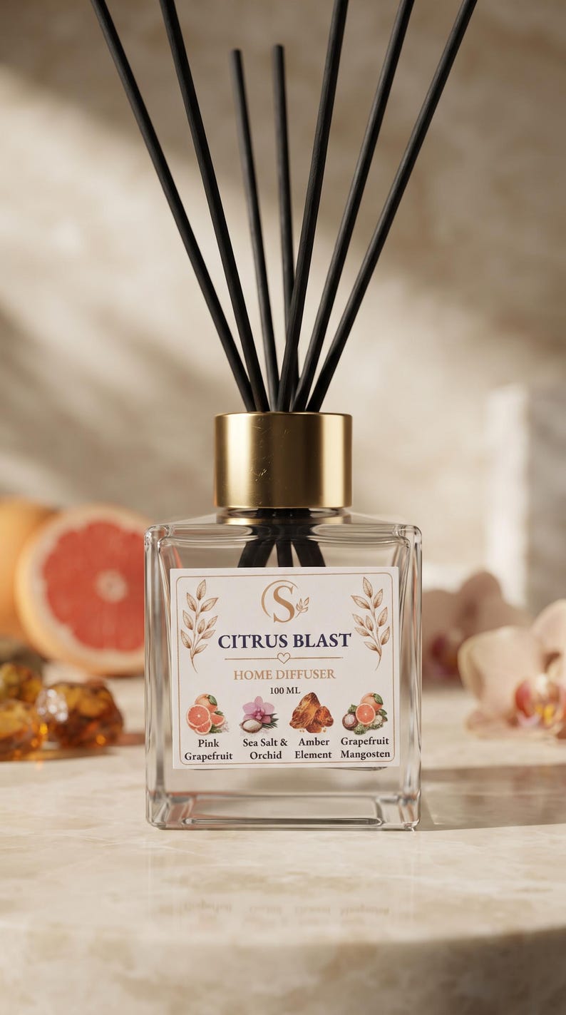 May include: A square glass home diffuser bottle with a gold cap and black reed sticks. The label reads CITRUS BLAST HOME DIFFUSER 100 ML with illustrations of Pink Grapefruit, Sea Salt & Orchid, Amber Element, and Grapefruit Mangosten.