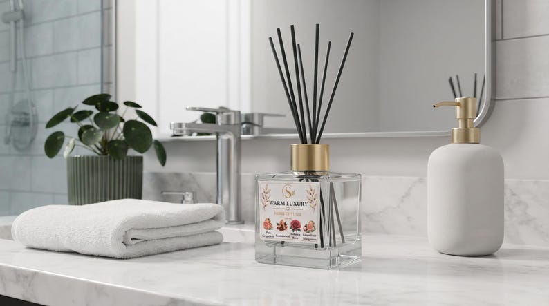 May include: A clear glass reed diffuser with a gold-toned collar and black reeds. The square bottle features a white label with the text WARM LUXURY and illustrations of flowers and fruits, including fig, sandalwood, rose, and grapefruit.