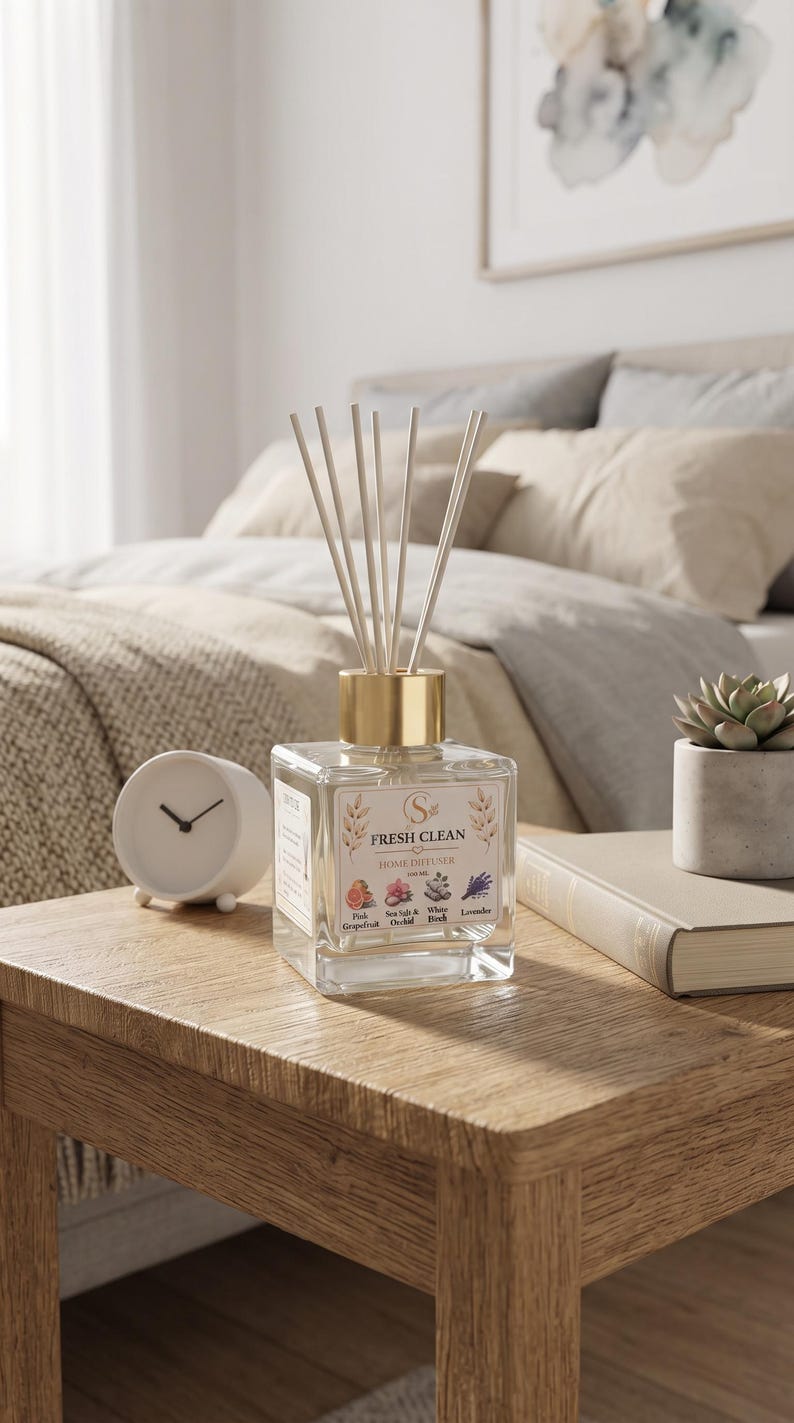May include: A square glass home diffuser with a gold-toned cap and several wooden reeds. The label features the text FRESH CLEAN HOME DIFFUSER and illustrations of pink grapefruit, sea salt, orchid, white birch, and lavender with a 100 ML label.
