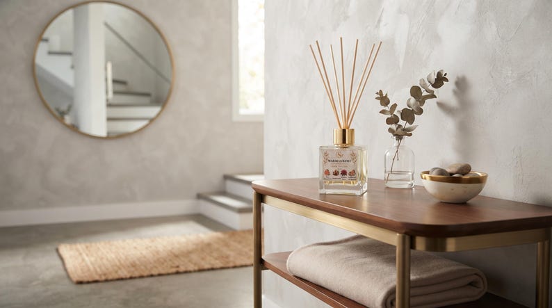 May include: A square glass reed diffuser with a gold cap and wooden sticks, a small clear glass vase with a eucalyptus sprig, and a white bowl with smooth stones, all arranged on a wooden console table with a gold metal frame and a folded blanket.