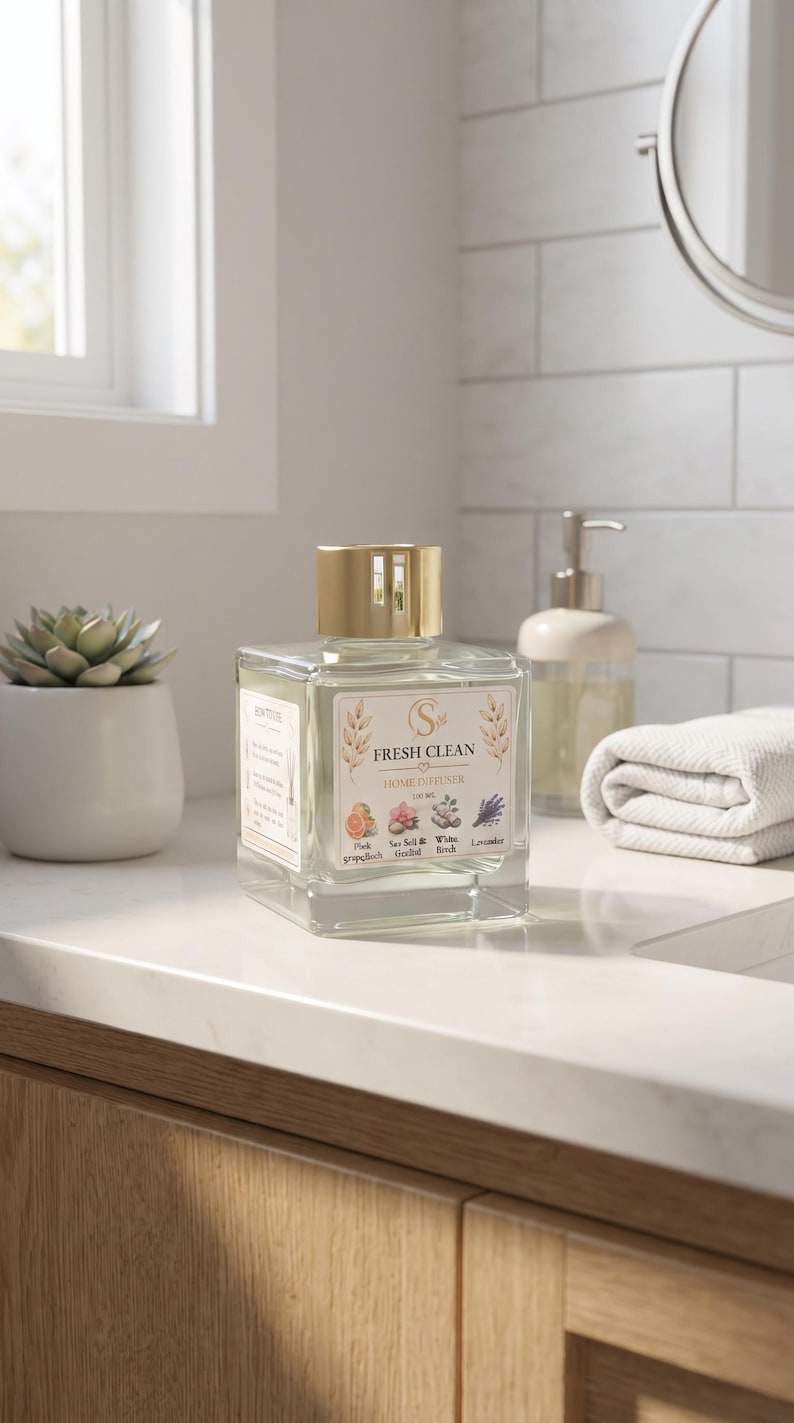 May include: A square glass home diffuser bottle with a gold cap and a label reading FRESH CLEAN HOME DIFFUSER 100 ML. The label features illustrations of pink grapefruit, sea salt, orchid, white birch, and lavender. The bottle contains clear liquid.