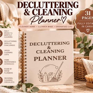 Può includere: Un'agenda per il decluttering e le pulizie con rilegatura a spirale, copertina color crema, testo marrone scuro e un'illustrazione a linee di prodotti per la pulizia. Include 31 pagine con programmi di pulizia giornalieri e mensili.