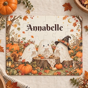 Personalisiertes Halloween-Puzzle für Kinder mit individuellem Namen – Geister-Teeparty-Puzzle mit 30 großen Teilen – Vintage-Herbstgeschenk für Kinder
