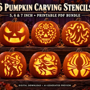 Peut inclure: Un lot numérique de 6 pochoirs pour sculpter des citrouilles en tailles 12,7, 15,2 et 17,8 cm. L'image montre six citrouilles orange illuminées avec des motifs découpés : visage effrayant, crâne fleuri, fantôme, chat, sorcière et toile.