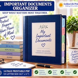 Op de afbeelding: Een donkerblauwe ordner met het label My Important Documents met een witte omslag, een bladmotief en een hartsymbool. Het bevat kleurrijke tabbladen voor Personal, Medical, Financial, Property, Legal en Other categorieën, plus een 14-pagina's tellende printbare PDF van 21,6 cm bij 27,9 cm.