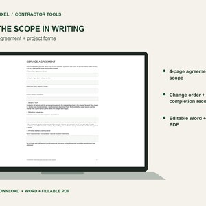 Contractor Service Agreement Bundle, Scope of Work, Change Order and Completion Forms, Word and Fillable PDF