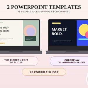 Puede incluir: Dos plantillas de PowerPoint con 48 diapositivas editables. La pantalla del primer portátil muestra "Make your ideas stand out" con círculos verde claro y morados. La segunda pantalla muestra "MAKE IT BOLD" con círculos amarillos y rosas.