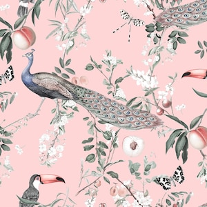 Wallpaper, Peacock, toucan, butterfly, floral Wallpaper - Pink background, nature, flowers, peel and stick, traditional paste wallpaper