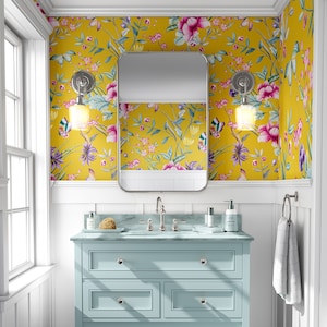 Yellow floral Wallpaper - Nature, flowers, pinks, purple, yellow, green, butterfly, peel and stick, traditional paste wallpaper