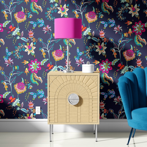 Bold floral Wallpaper - Nature, flowers, teal, hot pink, mustard yellow, dark navy, peel and stick, traditional paste wallpaper
