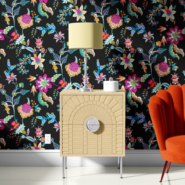 Black Floral Wallpaper Etsy