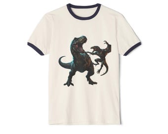 Dinosaur Ringer T-Shirt, T-Rex Velociraptor Graphic Tee, Dino Lover Shirt, Retro Ringer Tee Gift