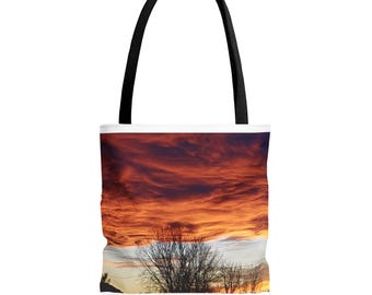 Sunset-Tragetasche, orangefarbene Canvas-Tragetasche mit Wolkenmotiv, Strandtasche mit Allover-Print, Tragetasche in leuchtendem Himmel