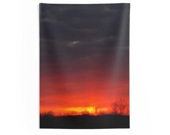 Sunset Wall Tapestry, Fiery Orange Sky Wall Hanging, Boho Bedroom Decor, Dramatic Sunset Art