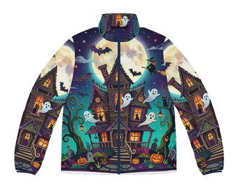Halloween-Steppjacke, Mantel mit Spukhaus-Print, Geister, Kürbisse, Vollmond, Herren-Winterjacke mit Allover-Print
